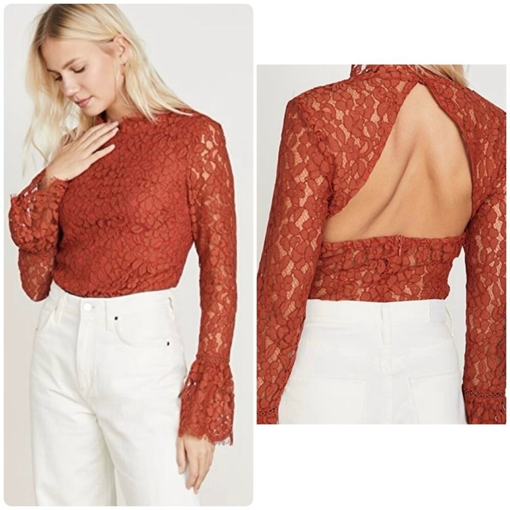 NEW Endless Rose Lace Bodysuit Womens M Burnt Orange Sheer Flare Sleeves